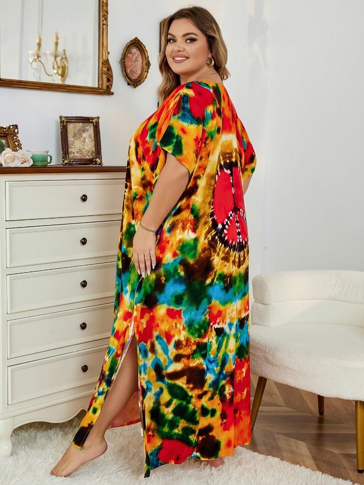 EDOLYNSA 2024 Bohémské barevné šaty kaftan s výstřihem do V pro ženy Léto Ležérní Velké netopýří dlouhé šaty s rukávem na dovolenou Q1464