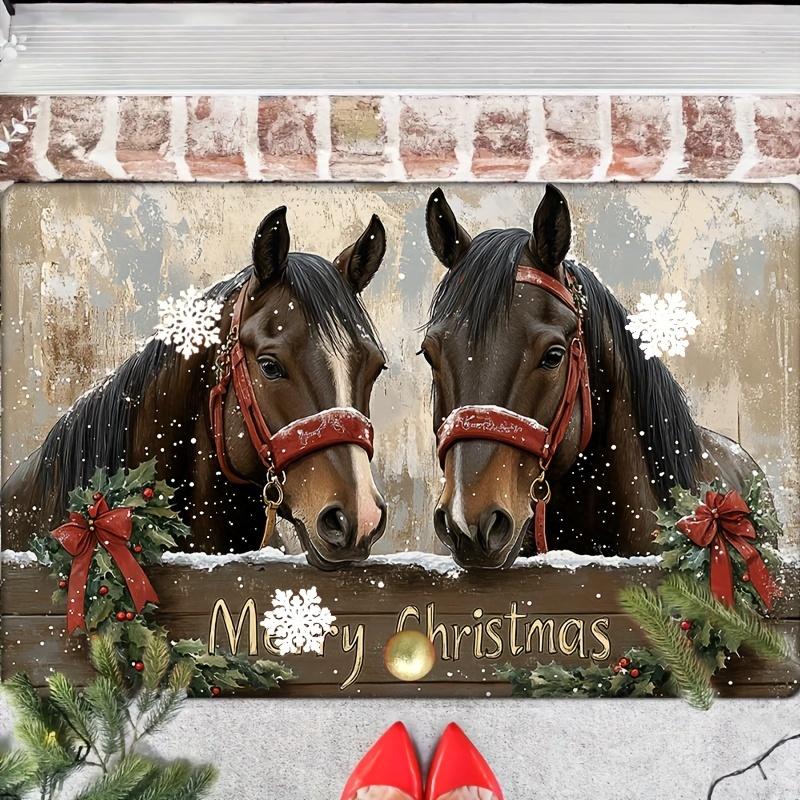 Christmas Horse Santa Hat Doormat,"Merry Christmas" Text Flannel Machine Washable Non-Slip Rug Kitchen Living Room Holiday Decor