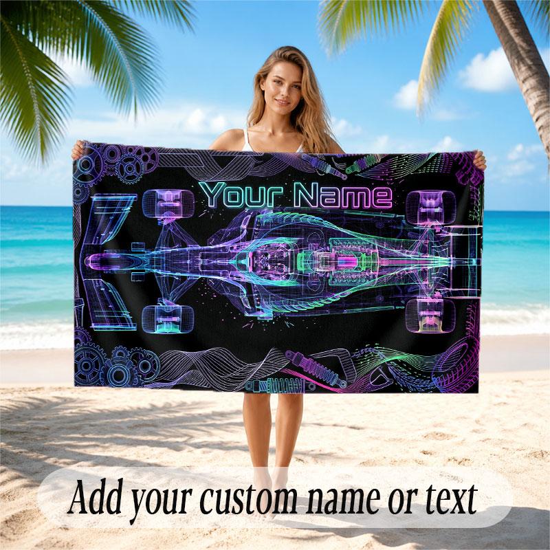 Car Racing Theme Beach Towel Personalized Custom Name & Text Soft Quick Dry Beach Towel for Swimming Travel
