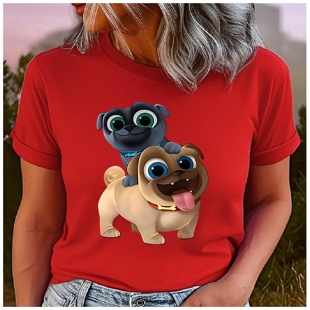 Cotton  Cute Cartoon Two Pug Dogs Graphic T Shirt Women Casual Summer Puppy Print Short Sleeve Tee Gift For Dog Animal Lover
