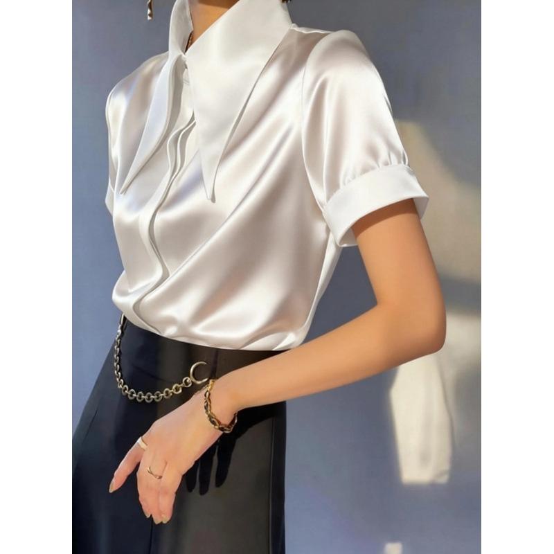 Womens Satin Pointed Collar Short Sleeve Blouse