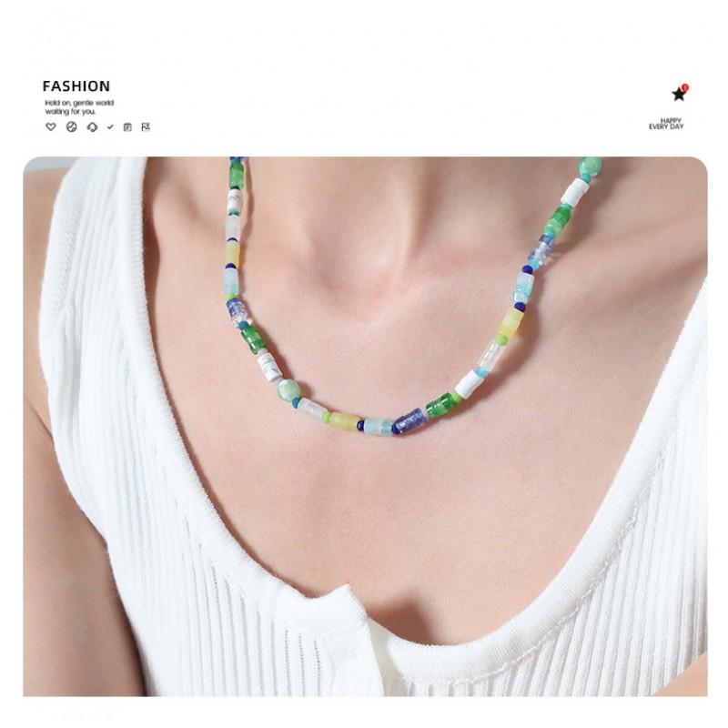 Boho Style Handmade Natural Stone Beaded Necklace Women Geometric Rainbow Pendant Minimalist Fashion Jewelry