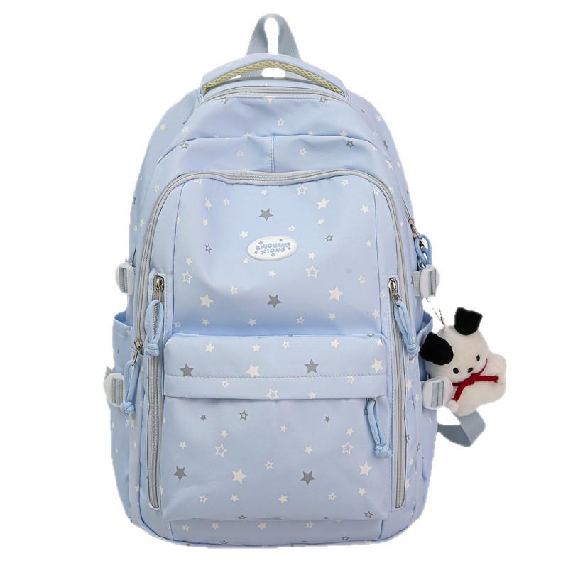 Star Pattern Simple Student Backpack With Plush Pendant For Casual Daily