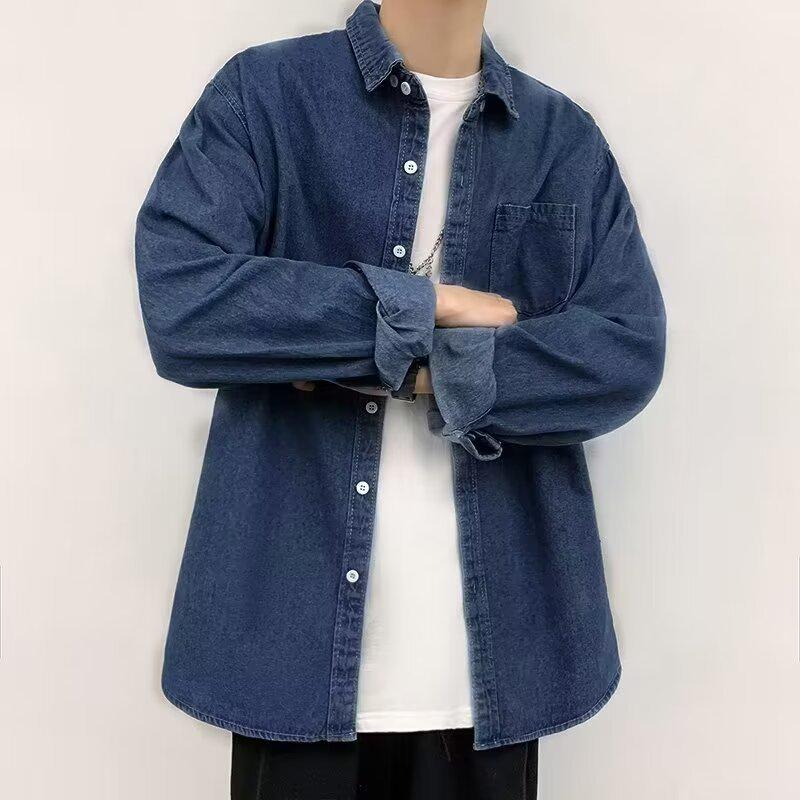 

Hong Kong Style Harajuku Denim Jacket: Trendy Teen Men’s Loose Casual Work Shirt for Spring & Autumn M темно-синього кольору
