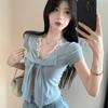 Women's Light Blue Lace V Neck Bow Split Front Mesh Inner Slim Short Sleeve Top
