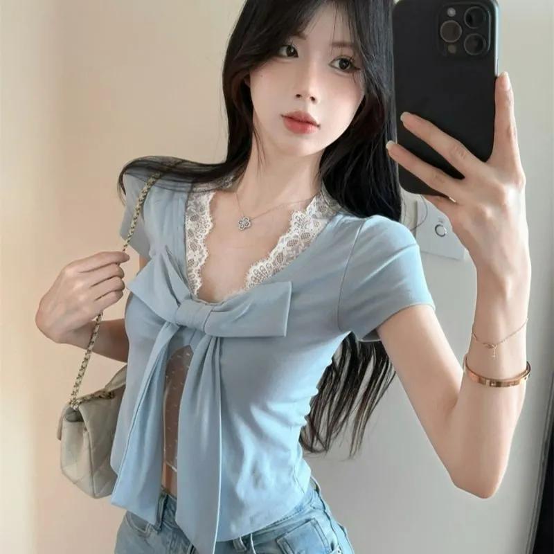 Women's Light Blue Lace V Neck Bow Split Front Mesh Inner Slim Short Sleeve Top