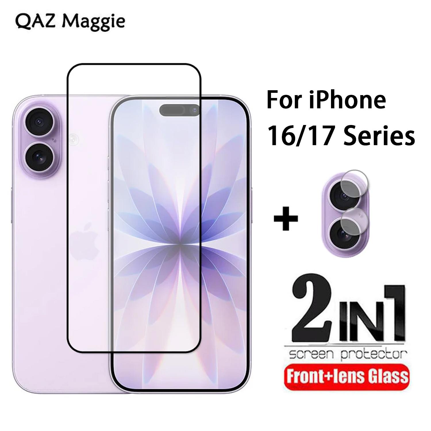 

2 в 1 для iPhone 17 16 Pro Max Стекло Полное покрытие Защитное стекло для экрана Закаленное стекло + Пленка для объектива камеры iPhone 17 Pro Max