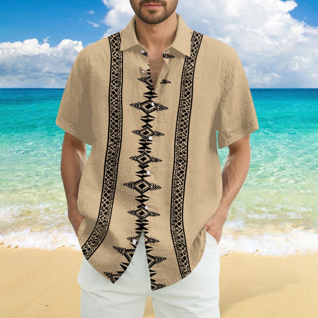 Men's Fashionable Casual Loose Striped Printed Beach Short-sleeved Shirt