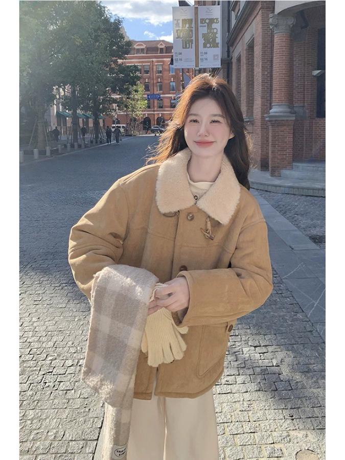 2025 Winter Women's Khaki Shearling Coat - Korean Style, Fleece-Lined, Thick Imitation Lamb's Wool