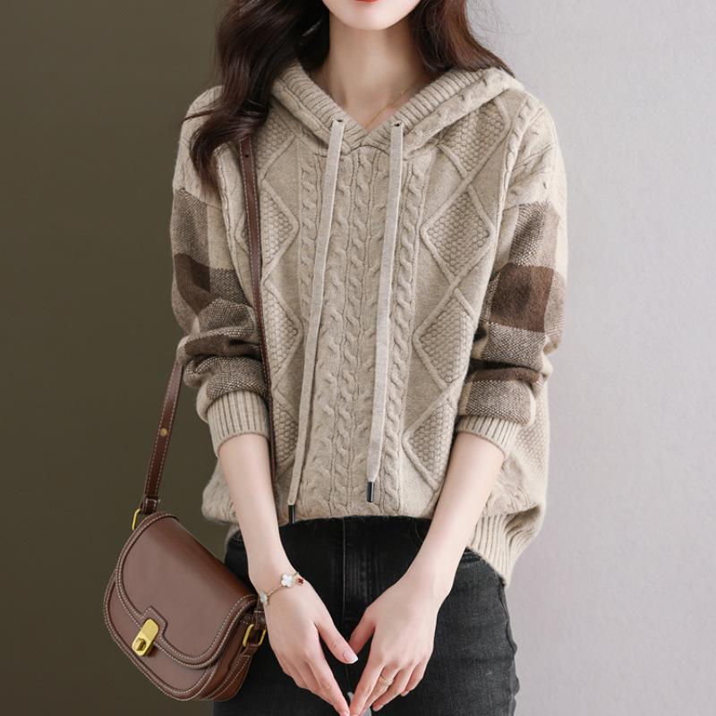 Sweater women's autumn and winter new lazy style casual hooded loose knitted sweater long-sleeved top bottoming shirt