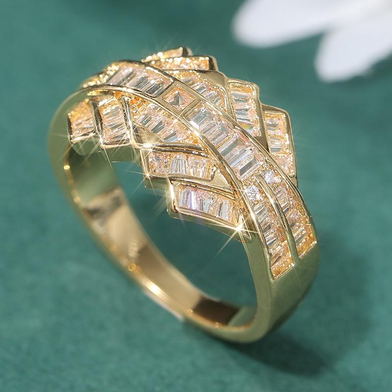 Luxury CopperColor Inlaid White CZ Women's Ring Geometry Design Daily Wear Party Jewelry
