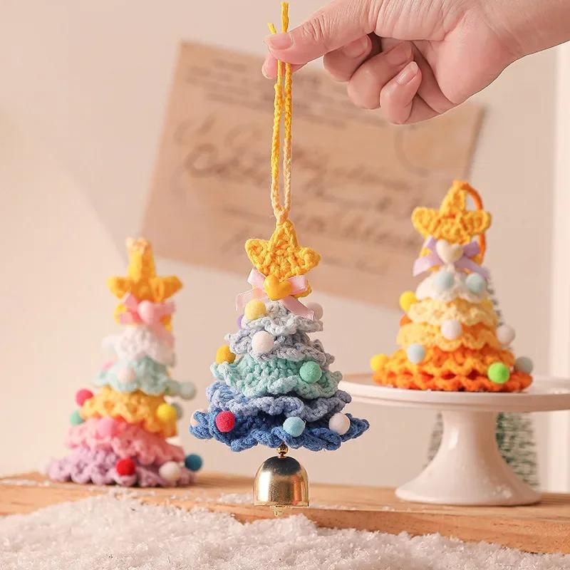 Knitted Christmas Tree with Jingle Bell Plush Christmas Hanging Pendant Wool Crochet Tree for Christmas Party Decor