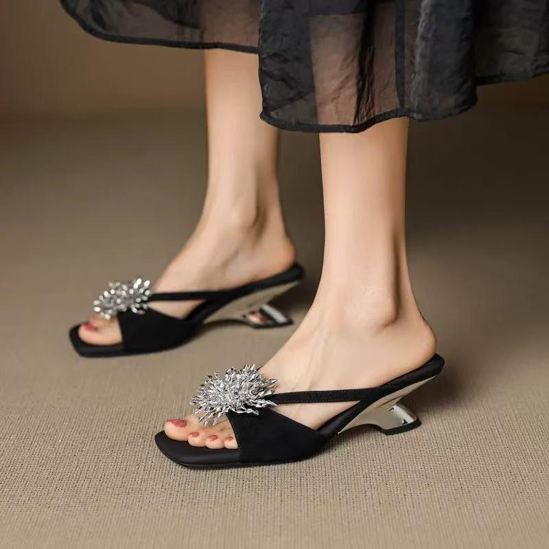 

Мода Модная Верхняя одежда Клиновидный каблук Женские тапочки в линию, Ретро серебристые босоножки со стразами с открытым носком на высоком каблуке 35 чёрный