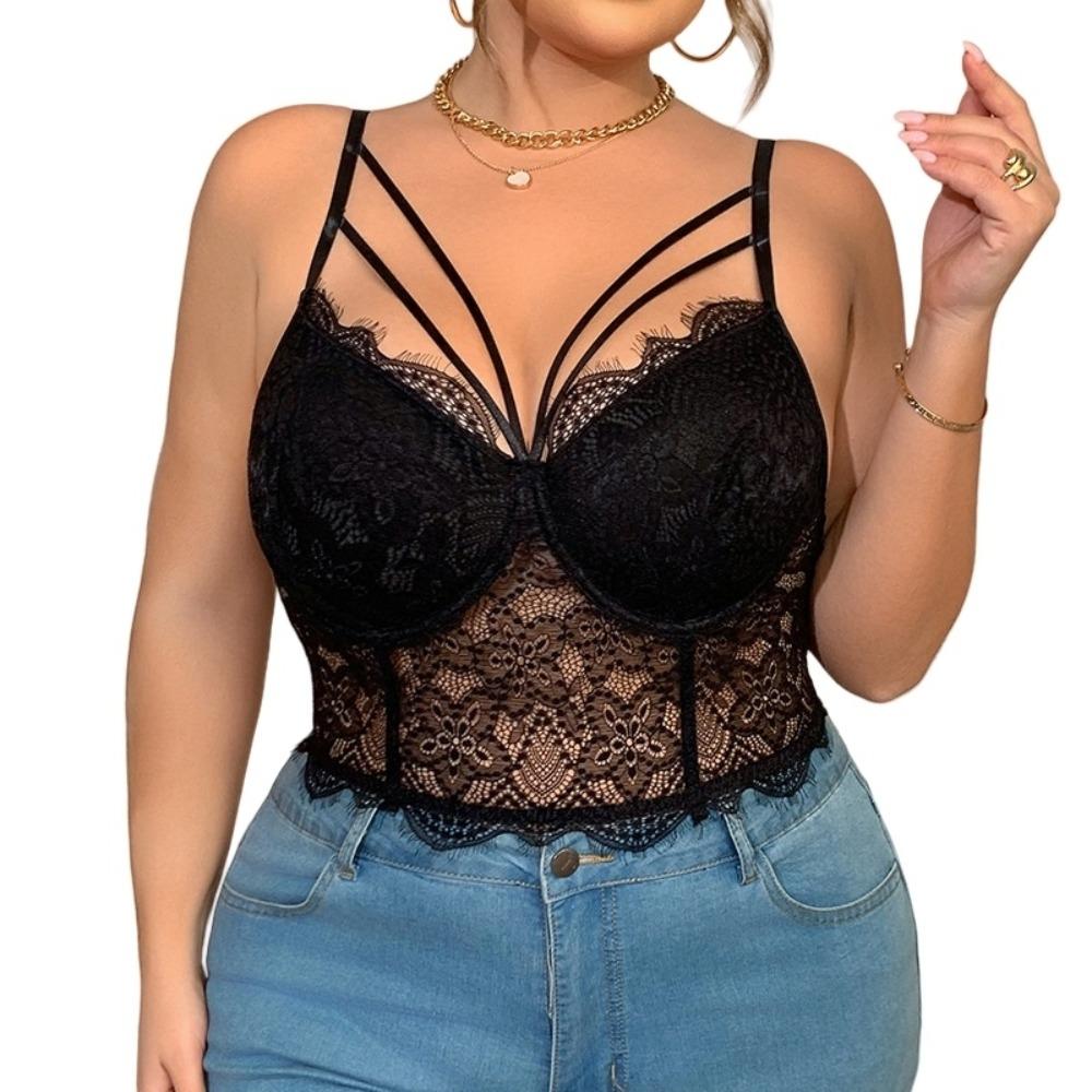 1XL-4XL Big Size Lace Corset Hollow Suspender Vest Elegant Simple Lace Crop Tops Spring Summer