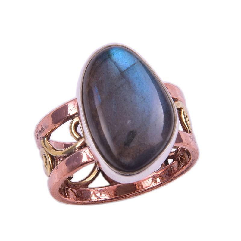 Natural Labradorite Gemstone 925 Solid Sterling Silver Two Tone Ring Size 6 v8p19