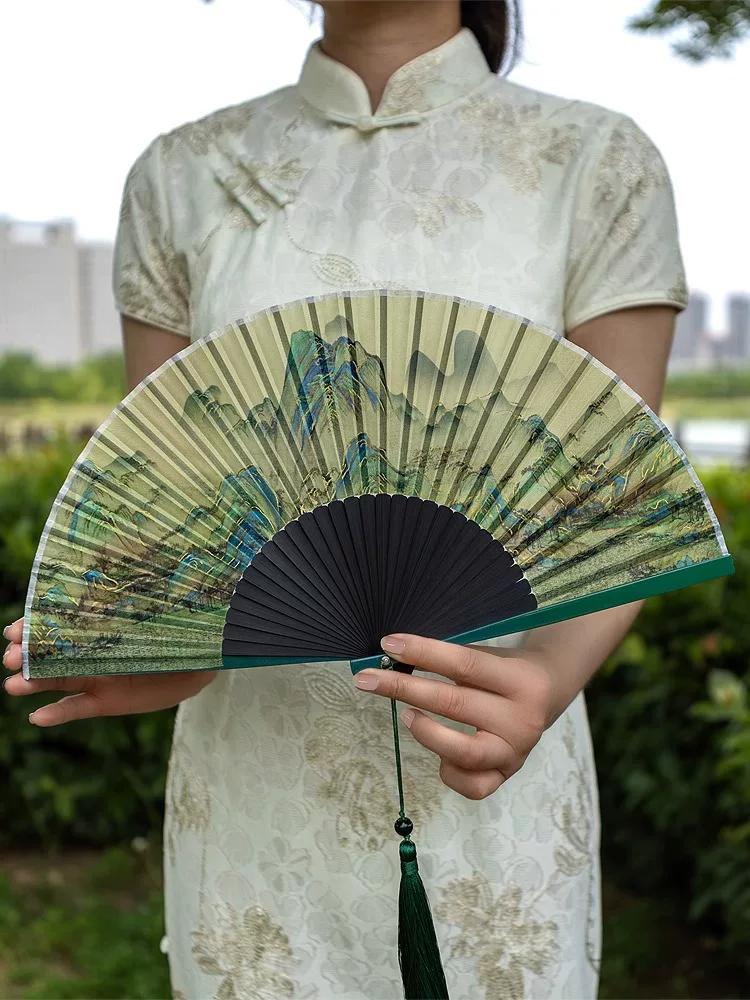Folding Fan with Ancient Chinese Style, Featuring Landscape Motifs, Suitable for Summer, Portable Bamboo Fan for Hanfu, Cheongsam, and Dance Use
