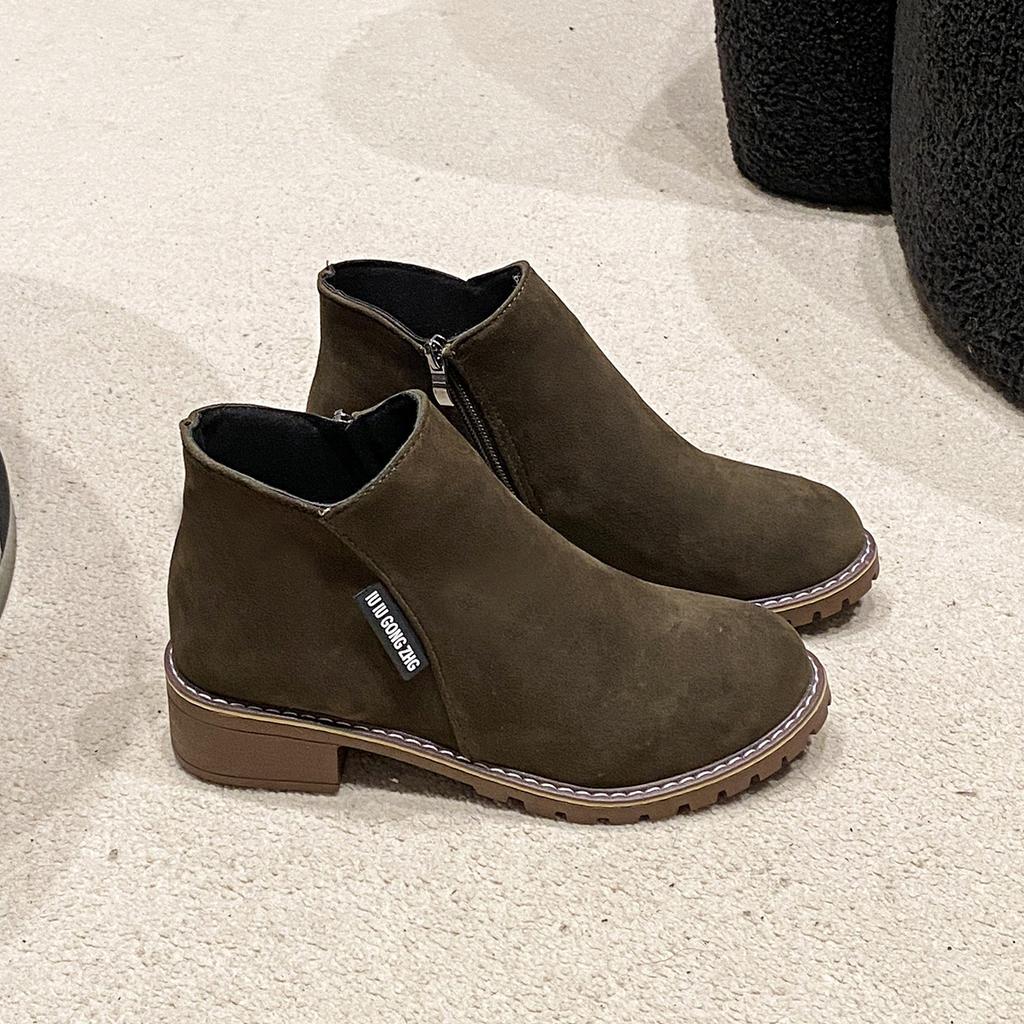 European and Americanforeign Trade Short Tube Medium Heel Retro Matte Short Boots Women's Cross-border Thick Heel Flat Bottom Side Zipper Martin Boots