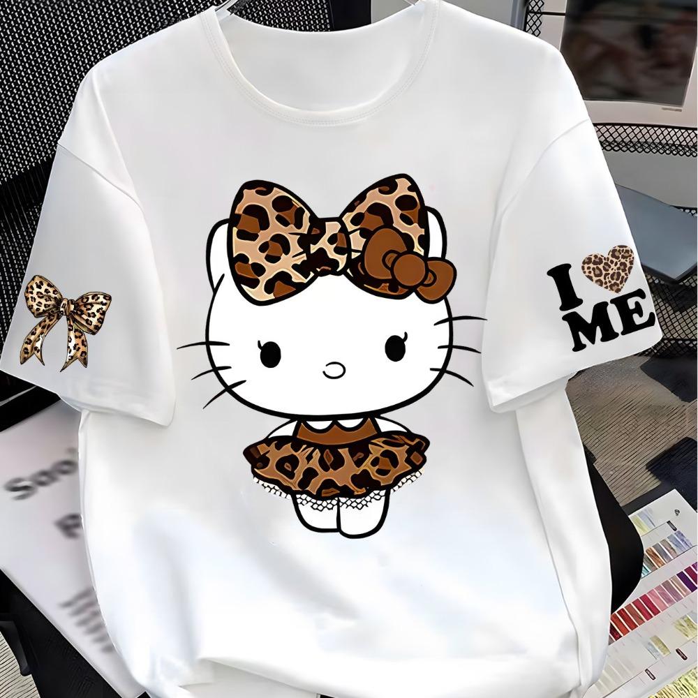Women s Short-Sleeve T-Shirt, Leopard Print Bow Pattern Loose Crew Neck Casual Top XXS