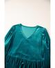 Azura Exchange Sea Green Velvet V Neck Peplum Hem Puff Sleeve Blouse