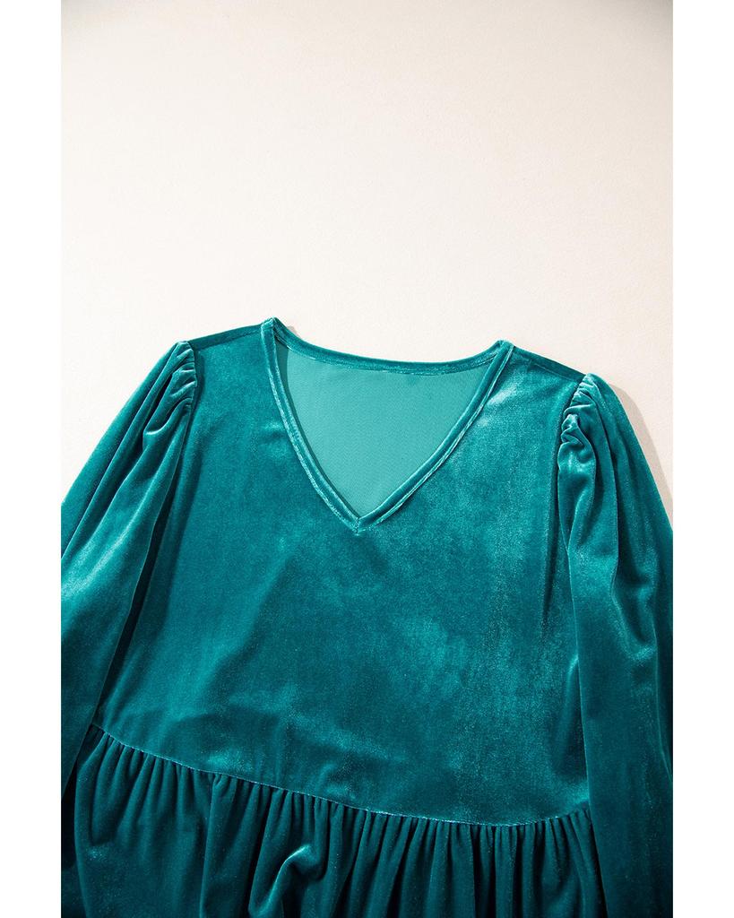 Azura Exchange Sea Green Velvet V Neck Peplum Hem Puff Sleeve Blouse