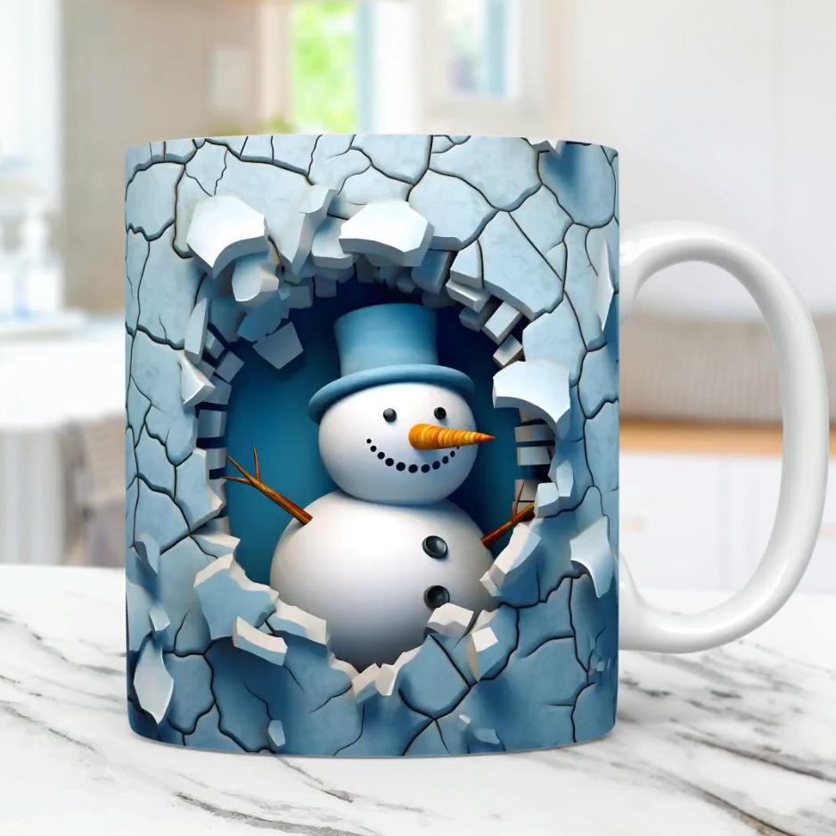 3D Christmas Ceramic Coffee Mug Tea Cup Snowman Flower Snowflake