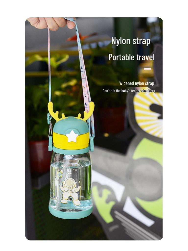 Children's Cartoon Antler Straw Cup - Portable Summer Outdoor Plastic Water Cup with Strap