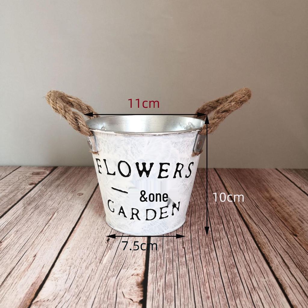 Tin Flower Pot with Hemp Rope Succulent Holder - European Pastoral Wrought Iron Bucket