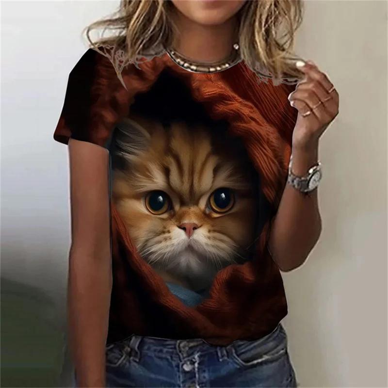 Maglietta da donna alla moda, con stampa 3D, motivo a gatto kawaii, a maniche corte, girocollo, estiva, casual, da strada, semplice