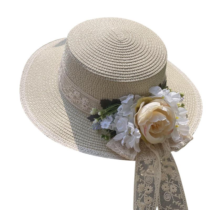 Lace flower flat top straw hat women's new summer outdoor travel sun protection sun hat seaside vacation beach hat