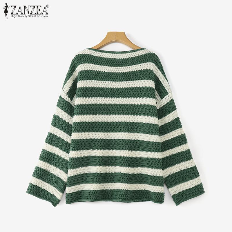 ZANZEA Women O-neck Long Sleeve Striped Knitted Pullover Sweaters Knitwear Jumpers
