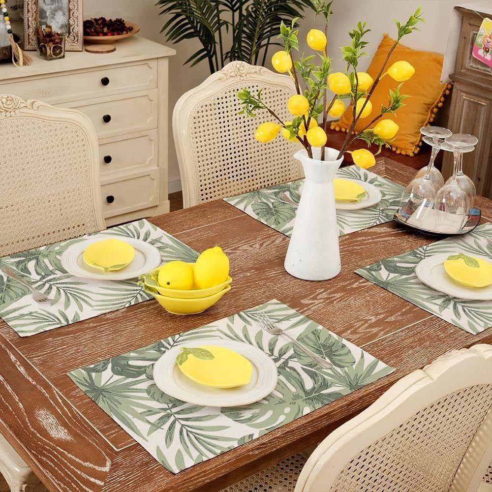 Heat Resistant Table Mat Anti Slip Tableware Pad Green Plants Linen Placemat  Table Decoration