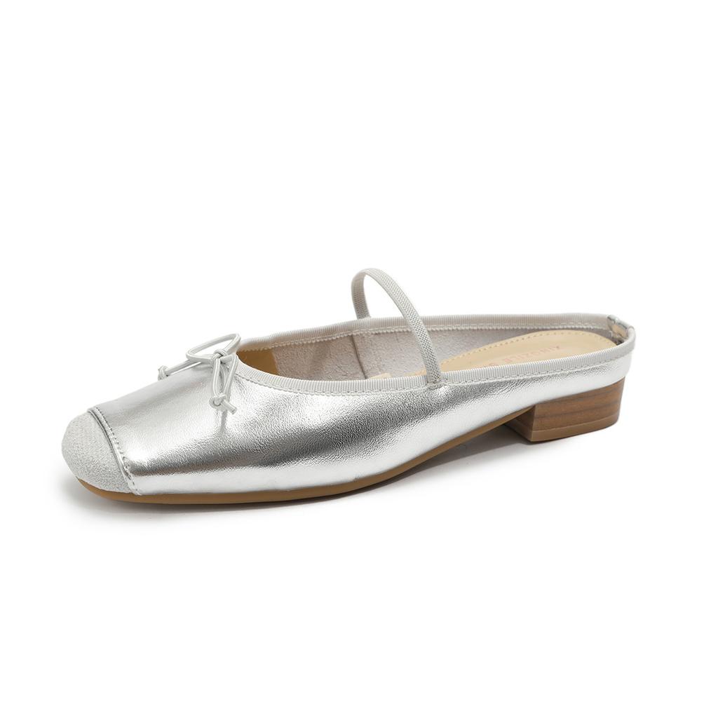 Leather Ballet Shoes Women's Bow Cool Slippers Square Head Temperament Retro Summer Outer Wear Bag Head Single Shoes Half Slippers