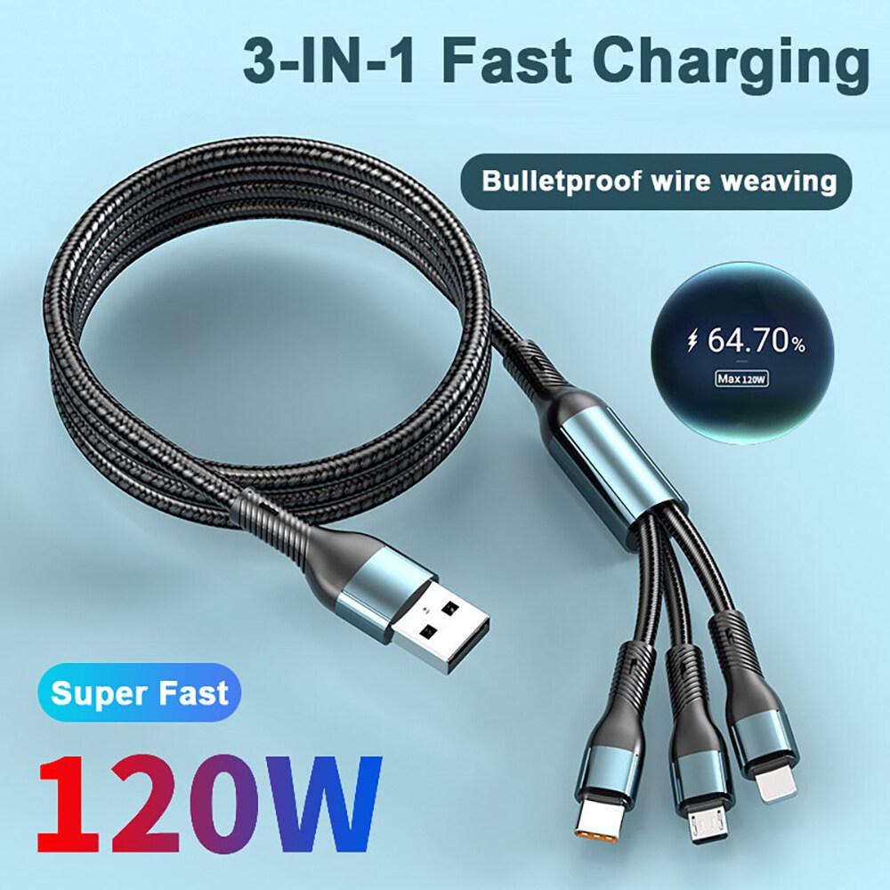 

Сверхбыстрая зарядка 3 в 1, 120 Вт, Micro USB Type C, зарядное устройство Lightning, кабель для передачи данных, шнур 1.2m