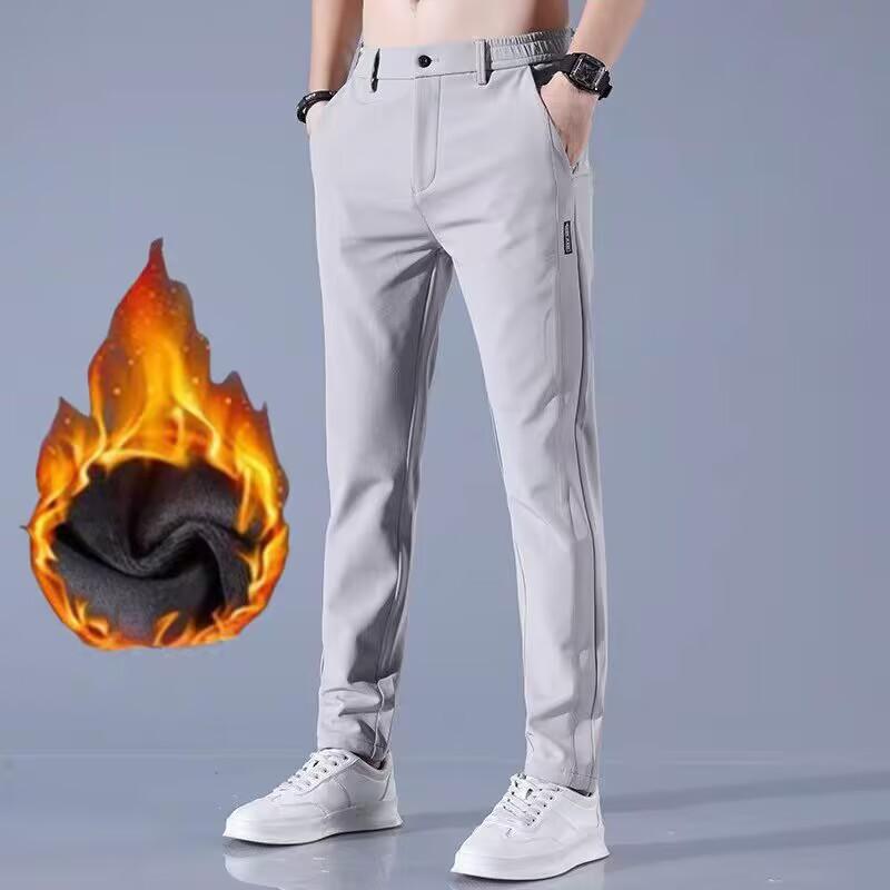 Ice silk men's versatile elastic waist casual pants autumn velvet thickened boys slim straight warm sports trousers