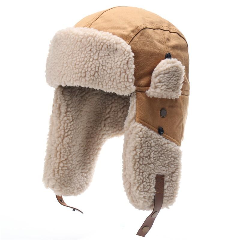 Unisex Windproof Winter Hat With Detachable Goggles Warm Fleece-Lined Canvas Cap Skiing Hiking Outdoor Activities