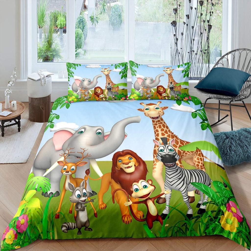 Kids Cartoon Animal Zebra Giraffe Fox Kangaroo King Queen Duvet Cover Boy Girl Rabbit Wildlife Bedding Set Polyester Quilt Cover