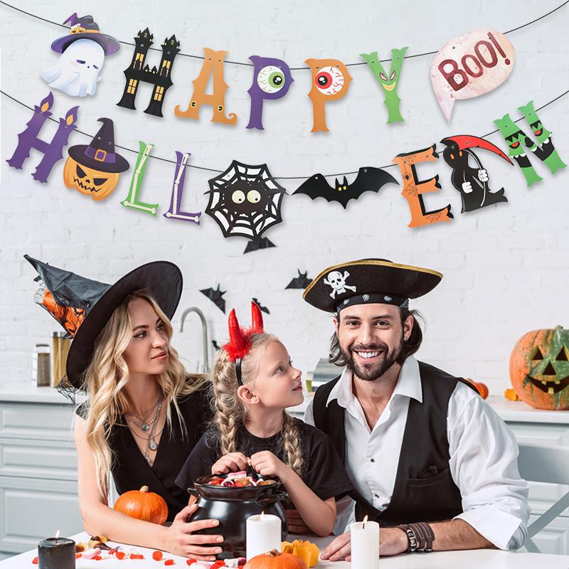 Black Bat Happy Halloween Paper Banner Hanging Garland 2025 Halloween Party Home Decoration Supplies Pumpkin Ghost Flag Props