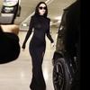 Women's Crewneck Long Sleeve Split Buttocks Sexy Elegant Temperament Mesh Beauty Evening Dress