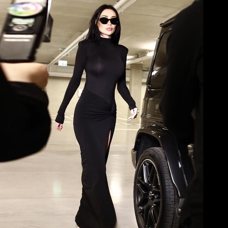 Women's Crewneck Long Sleeve Split Buttocks Sexy Elegant Temperament Mesh Beauty Evening Dress