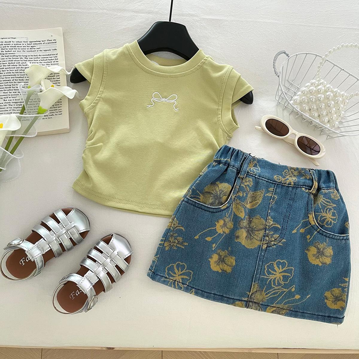 Girls Summer Fresh Short Sleeve T Shirt And Printed Denim Skirt Two Piece Set Baby Casual Outfit 100cm