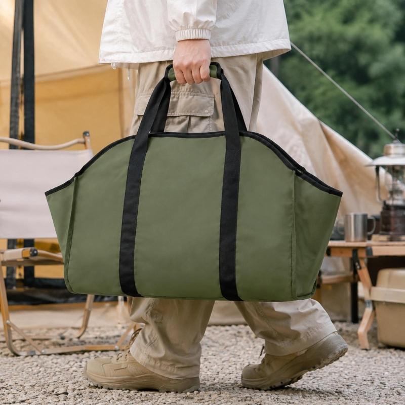 Folding Firewood Bag with a Broad Opening and Reinforced Handles for Hearth, Fire Pit, Camping, and Cabin Wood Transport