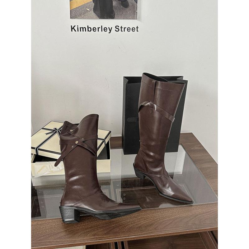 

2025 autumn European and American style pointed head thin versatile temperament thick heel boots 39 темно-коричневого
