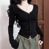 Women's Black V-Neck Long-Sleeve T-Shirt - 2026 Edition, Low-Cut Short Base Layer for a Stylish, Bold Look