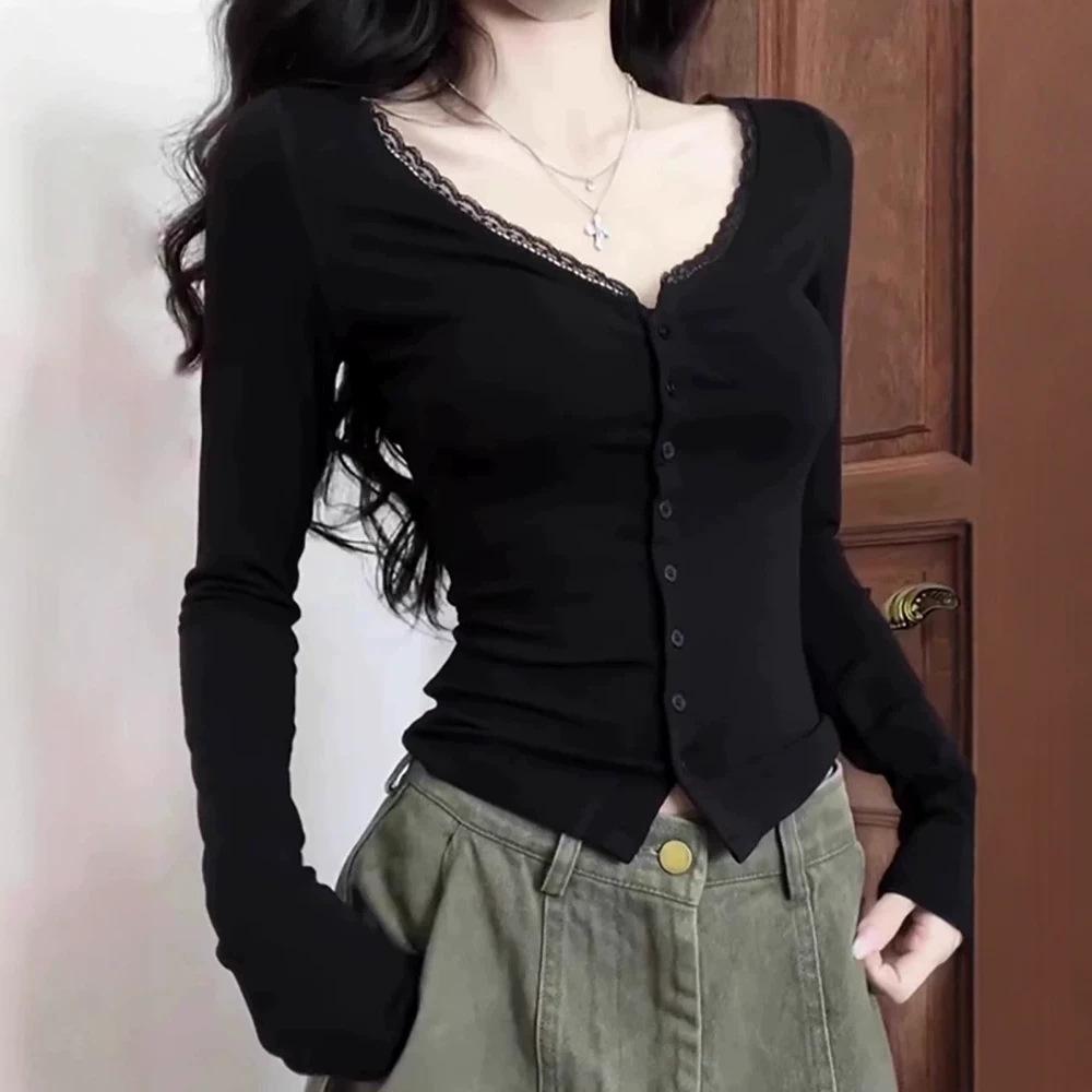 Women's Black V-Neck Long-Sleeve T-Shirt - 2026 Edition, Low-Cut Short Base Layer for a Stylish, Bold Look
