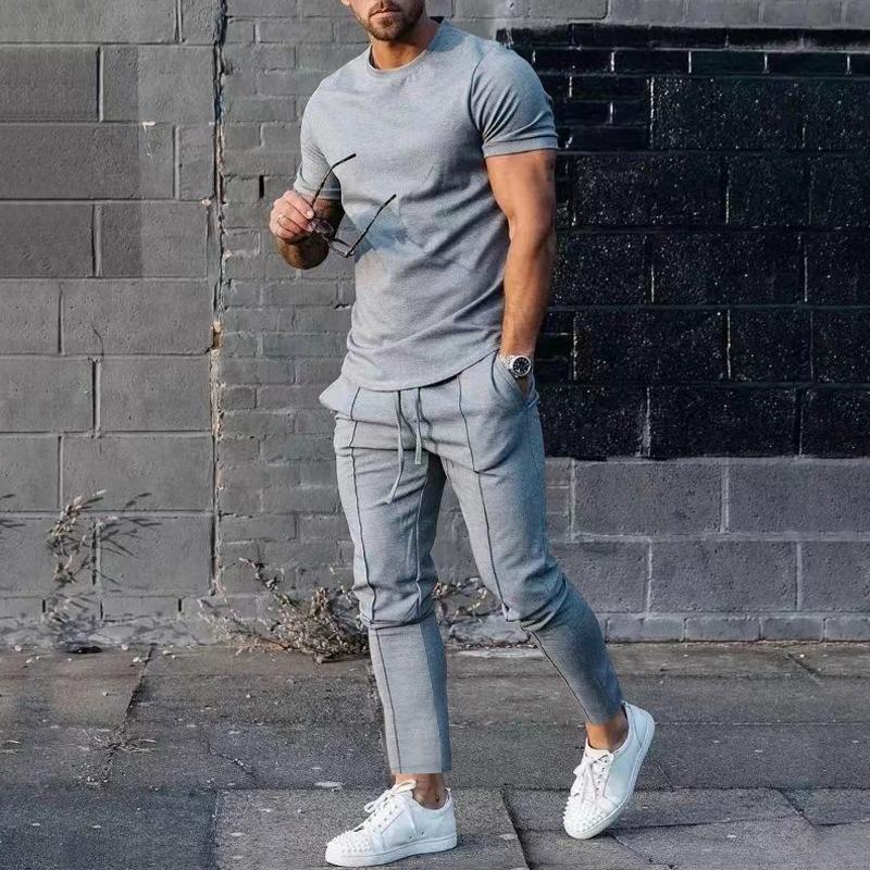 Sports Set Mens Fall Summer Solid Casual Round Neck Short Sleeve Sports T-shirt Two Piece Set for Men