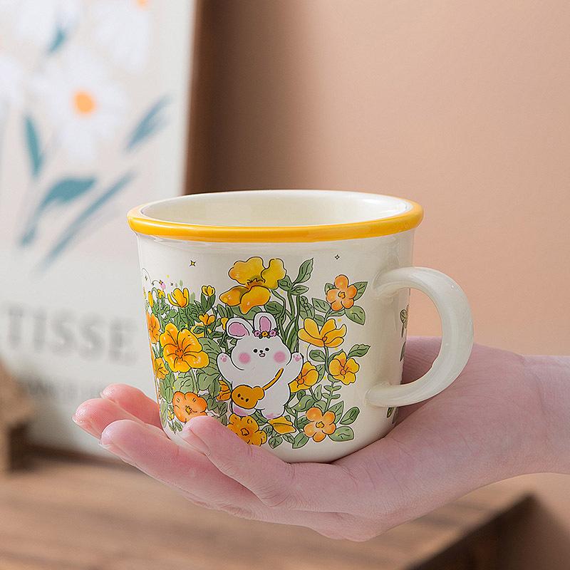 Cute Cartoon Ceramic Cup Water Cup Milk Cup Breakfast Cup Children's Cup Flowers Bunny Girls Gift Cup
