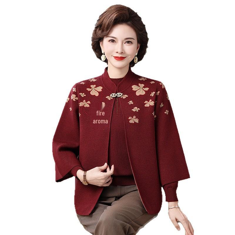 2025 Mom's Spring & Autumn Knit Two-Piece Set for Middle-Aged & Elderly Women - Sweater & Cardigan Coat