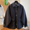Women's Loose Fit Denim Patchwork Lambswool Jacket - Korean Style Autumn/Winter Plus Size Fur Top