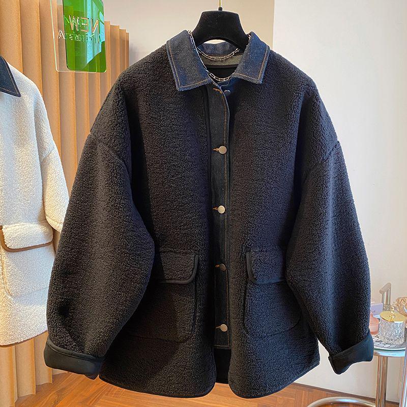 Women's Loose Fit Denim Patchwork Lambswool Jacket - Korean Style Autumn/Winter Plus Size Fur Top