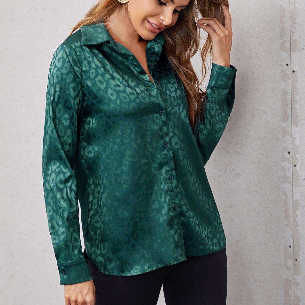 QICED Women's Spring Summer Lapel Open Button Leopard Print Jacquard Shirt Temperament Commuter Long Sleeve Shirt